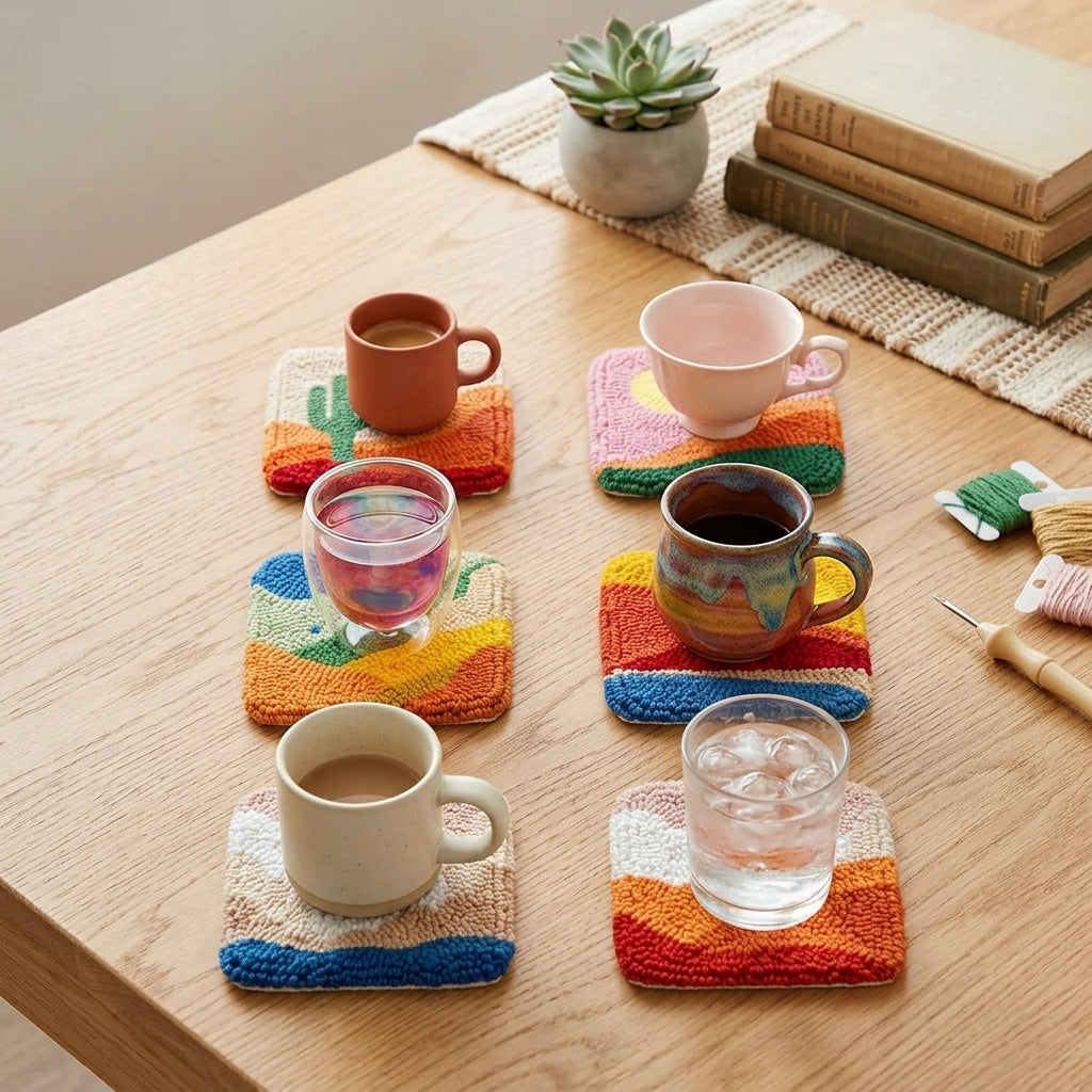 DIY-Punch-Needle-Set mit ländlichem Landschaftsmotiv | Punch-Needle-Untersetzer-Set für Anfänger | 6 fertige Stücke | Komplettes Zubehör-Set enthalten