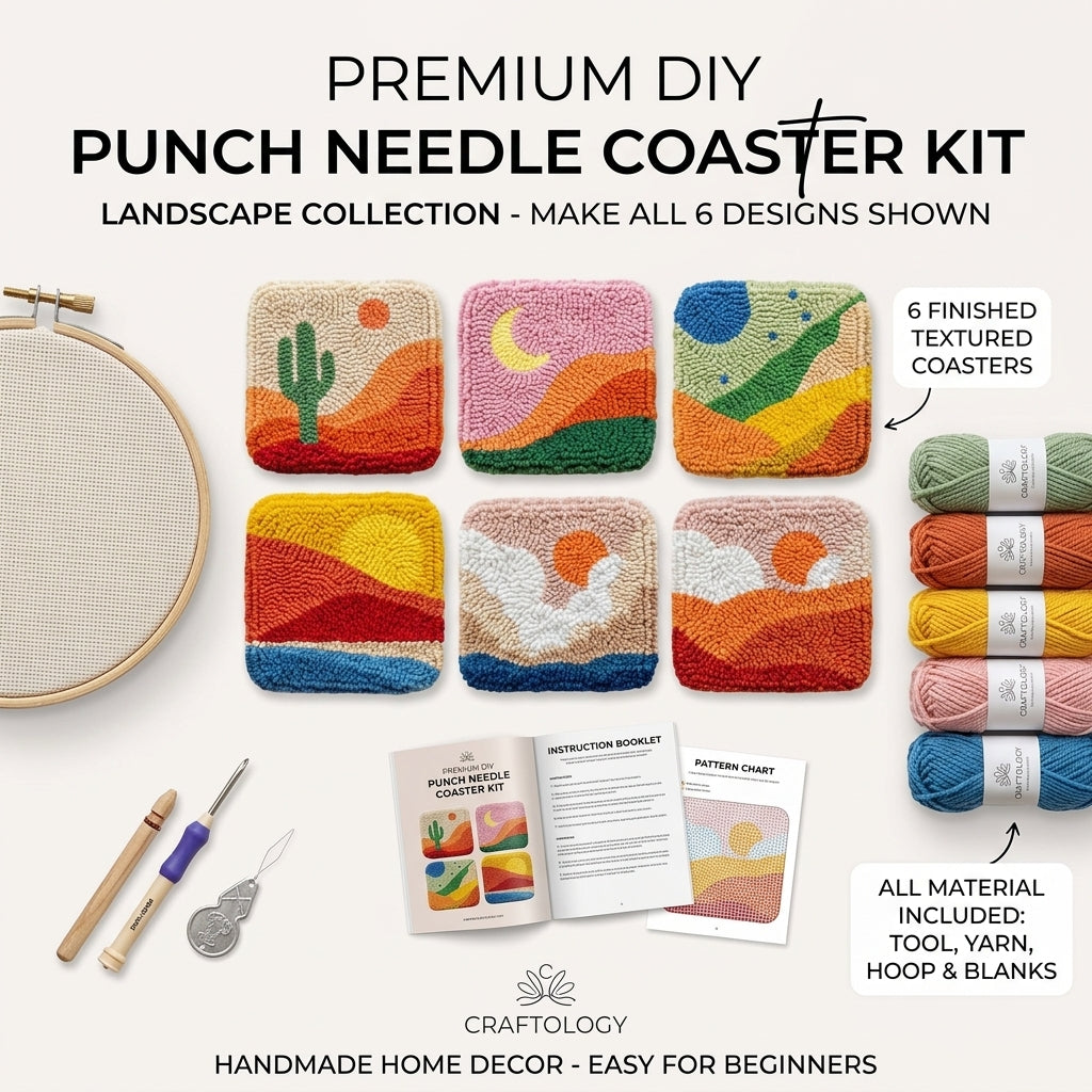 DIY-Punch-Needle-Set mit ländlichem Landschaftsmotiv | Punch-Needle-Untersetzer-Set für Anfänger | 6 fertige Stücke | Komplettes Zubehör-Set enthalten