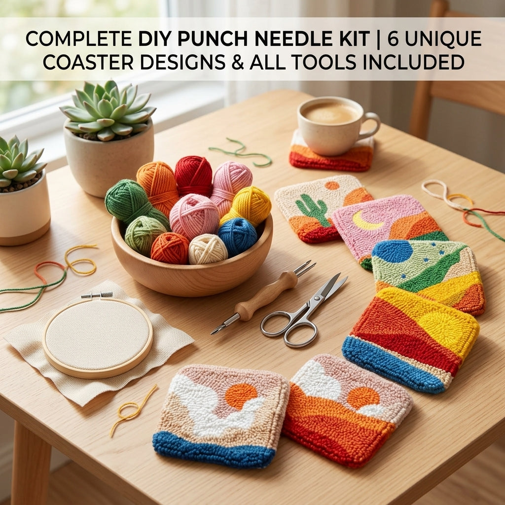 DIY-Punch-Needle-Set mit ländlichem Landschaftsmotiv | Punch-Needle-Untersetzer-Set für Anfänger | 6 fertige Stücke | Komplettes Zubehör-Set enthalten