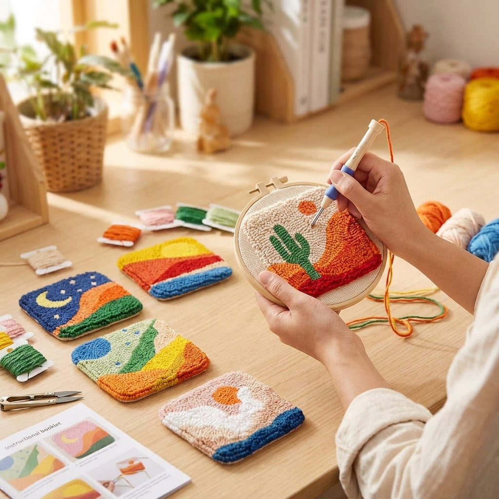 DIY-Punch-Needle-Set mit ländlichem Landschaftsmotiv | Punch-Needle-Untersetzer-Set für Anfänger | 6 fertige Stücke | Komplettes Zubehör-Set enthalten
