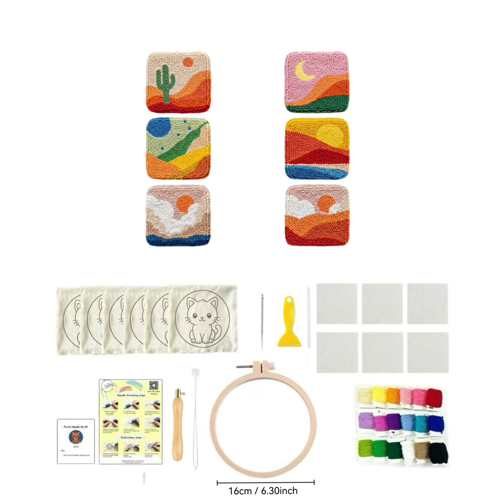 DIY-Punch-Needle-Set mit ländlichem Landschaftsmotiv | Punch-Needle-Untersetzer-Set für Anfänger | 6 fertige Stücke | Komplettes Zubehör-Set enthalten