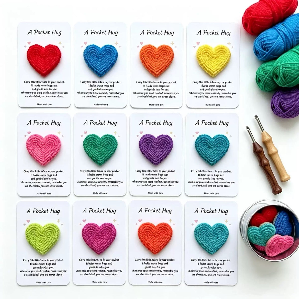 DIY Punch Needle Pocket Hug Heart Kit | Makes 12 Heart Tokens with Message Cards | Beginner Punch Needle Craft | All-Inclusive