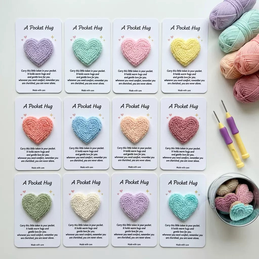 DIY-Set für Punch-Needle-Taschenherzen | Für 12 Herz-Anhänger inklusive Botschaftskarten | Punch-Needle-Bastelset für Anfänger | Alles enthalten