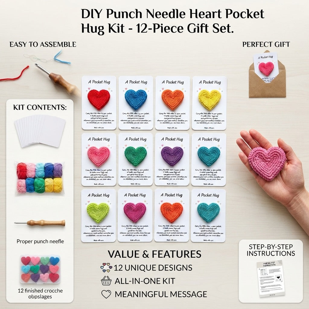DIY-Set für Punch-Needle-Taschenherzen | Für 12 Herz-Anhänger inklusive Botschaftskarten | Punch-Needle-Bastelset für Anfänger | Alles enthalten