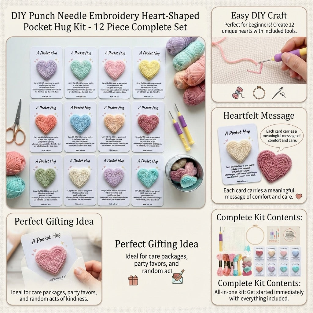 DIY Punch Needle Pocket Hug Heart Kit | Makes 12 Heart Tokens with Message Cards | Beginner Punch Needle Craft | All-Inclusive