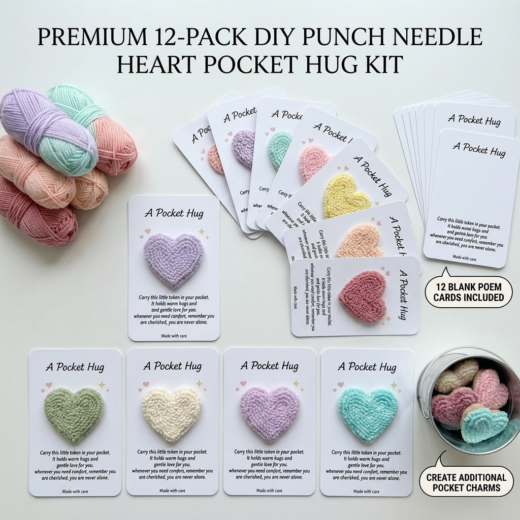 DIY-Set für Punch-Needle-Taschenherzen | Für 12 Herz-Anhänger inklusive Botschaftskarten | Punch-Needle-Bastelset für Anfänger | Alles enthalten