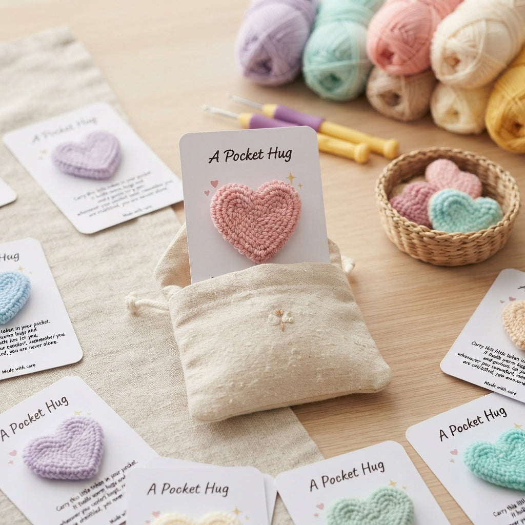 DIY Punch Needle Pocket Hug Heart Kit | Makes 12 Heart Tokens with Message Cards | Beginner Punch Needle Craft | All-Inclusive
