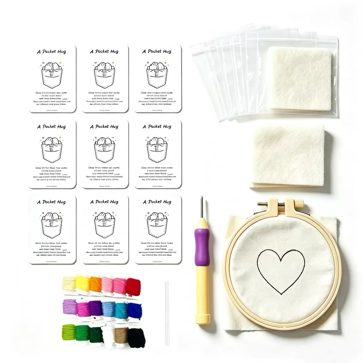 DIY-Set für Punch-Needle-Taschenherzen | Für 12 Herz-Anhänger inklusive Botschaftskarten | Punch-Needle-Bastelset für Anfänger | Alles enthalten