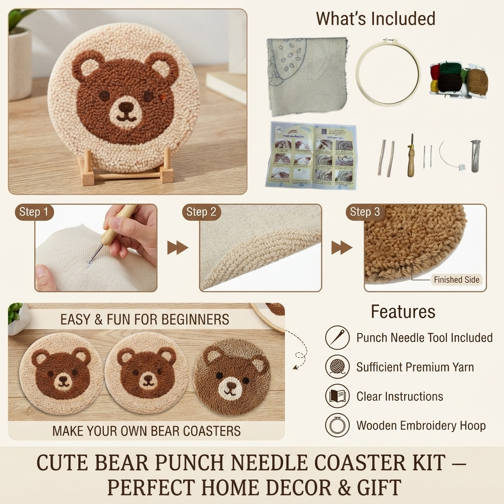 DIY Punch-Needle-Bären-Set | Punch-Needle-Stickset für Anfänger | Süßes Braunbären-Design | Alles inklusive mit Werkzeug & Anleitung