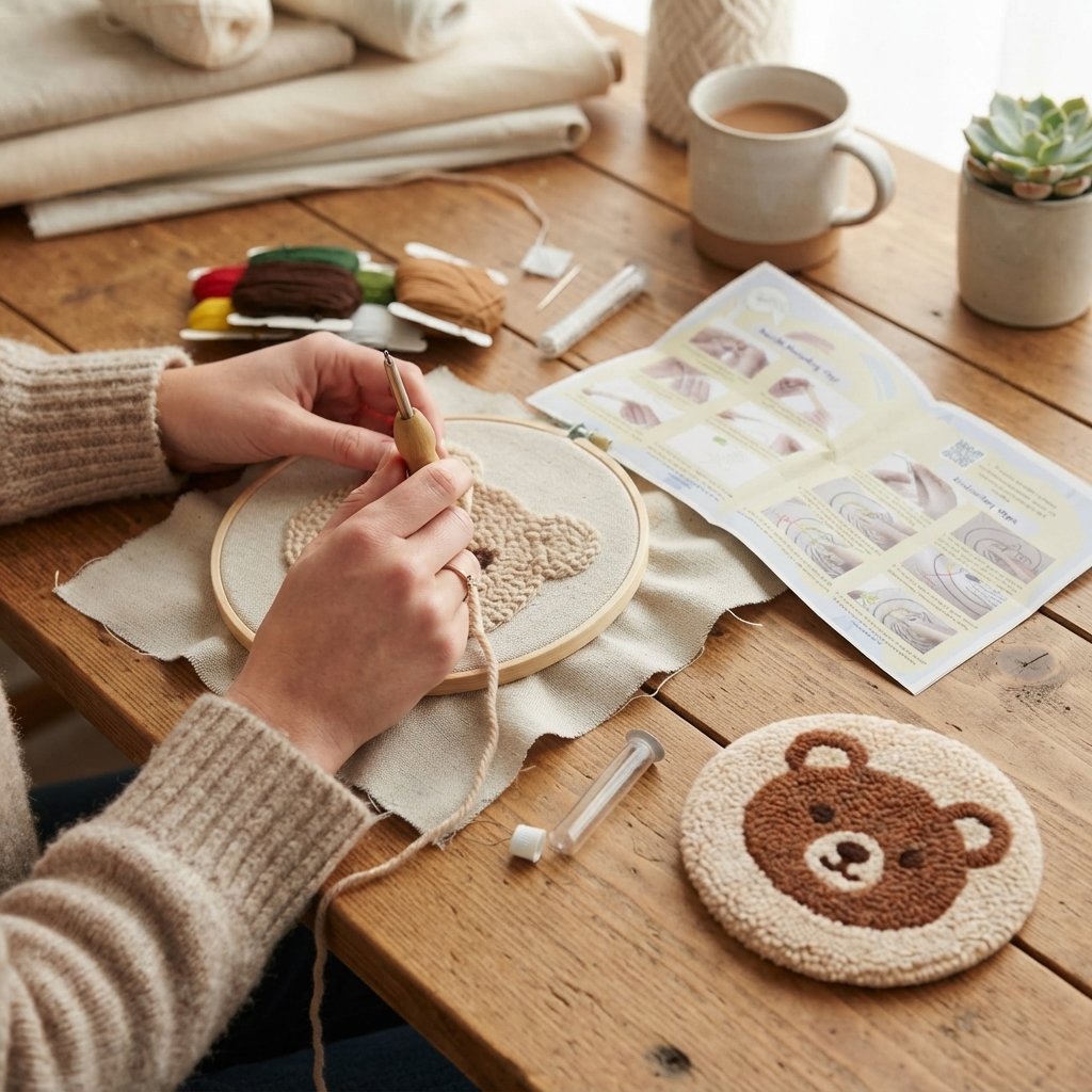 DIY Punch-Needle-Bären-Set | Punch-Needle-Stickset für Anfänger | Süßes Braunbären-Design | Alles inklusive mit Werkzeug & Anleitung