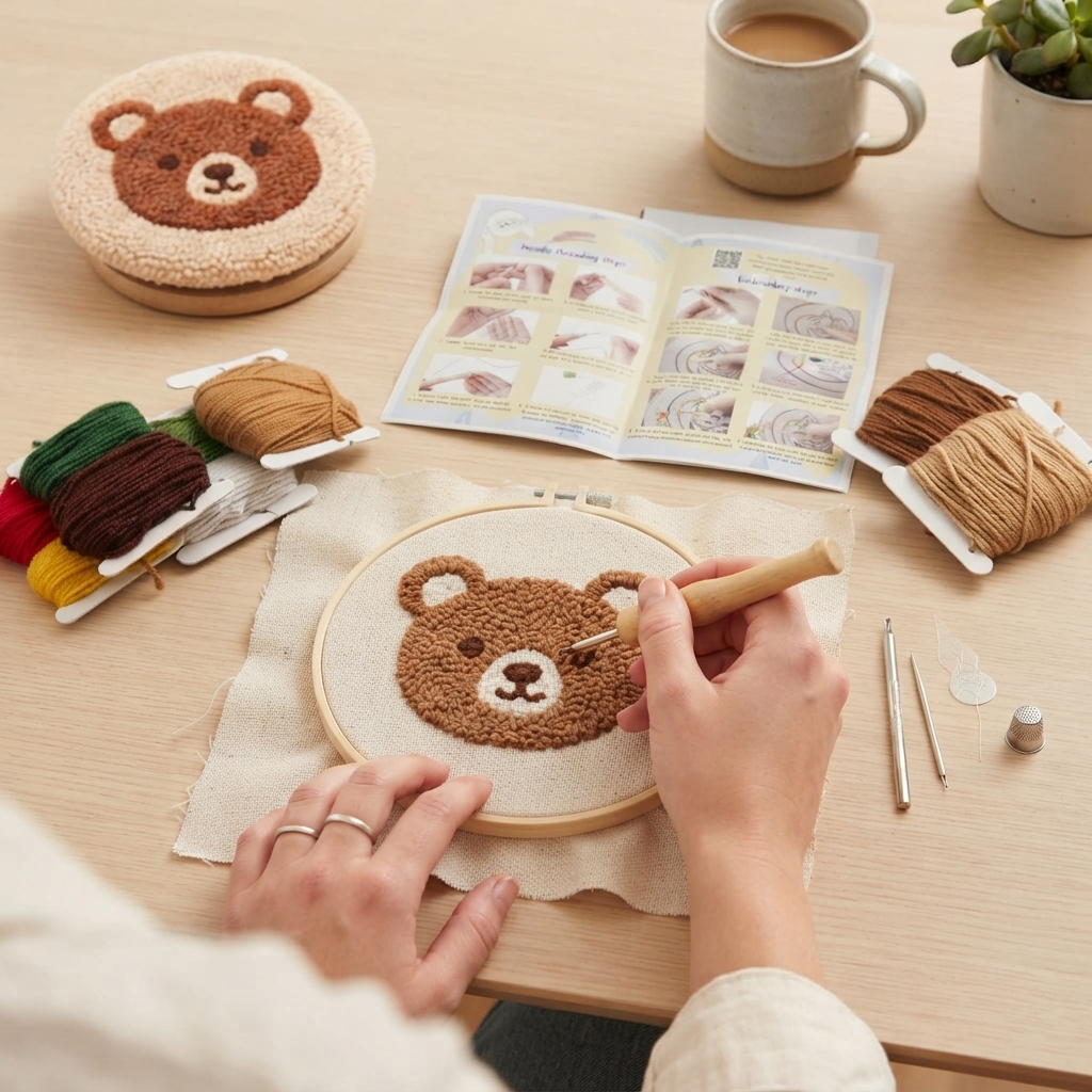 DIY Punch-Needle-Bären-Set | Punch-Needle-Stickset für Anfänger | Süßes Braunbären-Design | Alles inklusive mit Werkzeug & Anleitung