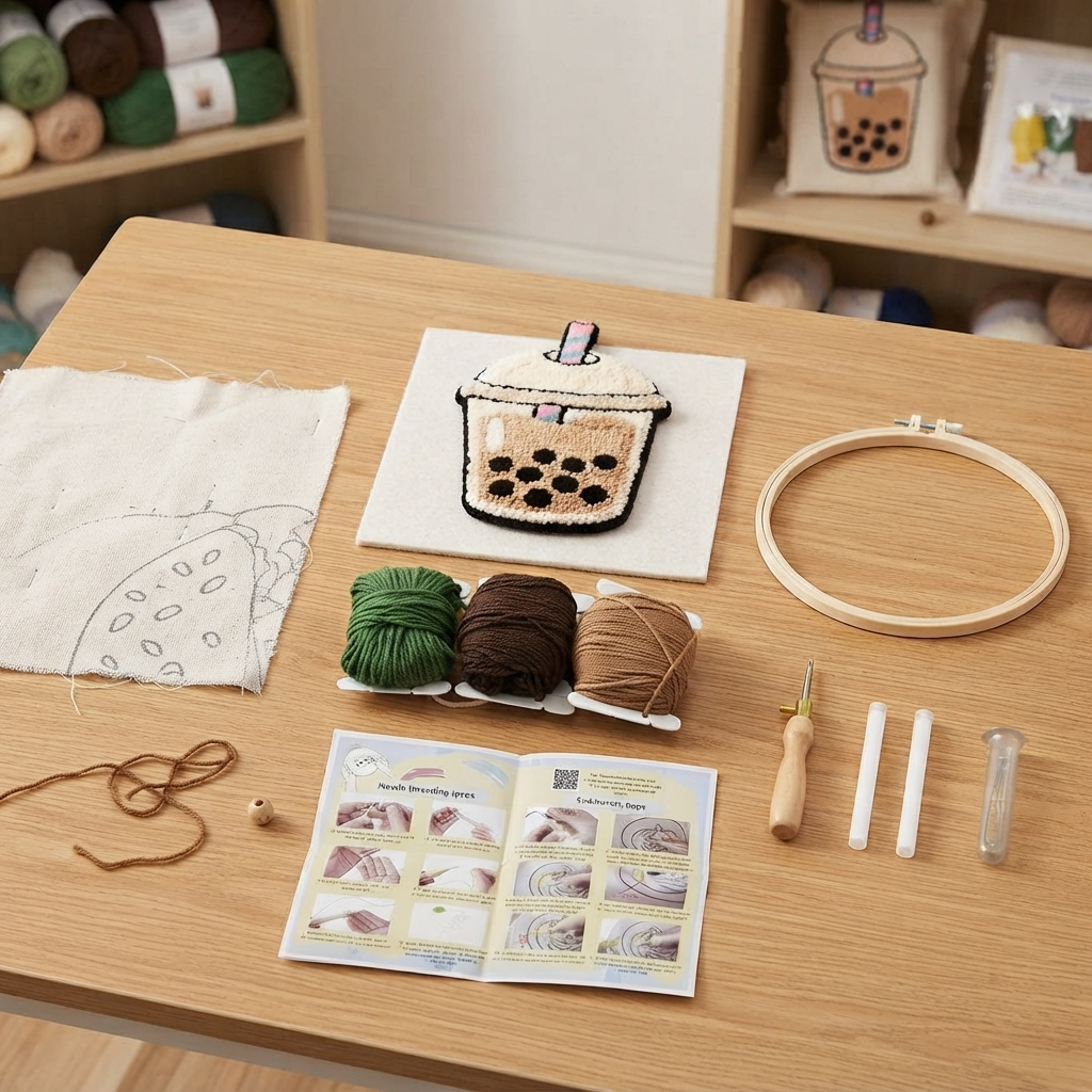 DIY-Punch-Needle-Set „Bubble Tea“ | Punch-Needle-Stickset für Anfänger | Süßes Boba-Milchtee-Design | Alles-inklusive-Set