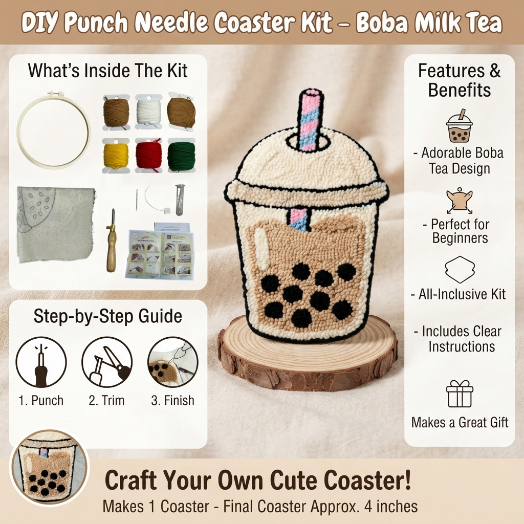 DIY-Punch-Needle-Set „Bubble Tea“ | Punch-Needle-Stickset für Anfänger | Süßes Boba-Milchtee-Design | Alles-inklusive-Set