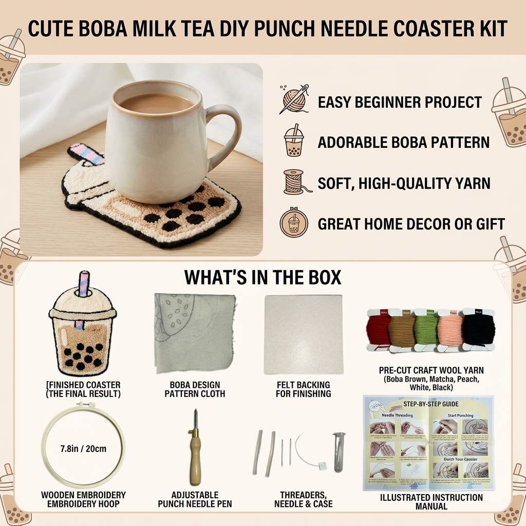 DIY-Punch-Needle-Set „Bubble Tea“ | Punch-Needle-Stickset für Anfänger | Süßes Boba-Milchtee-Design | Alles-inklusive-Set