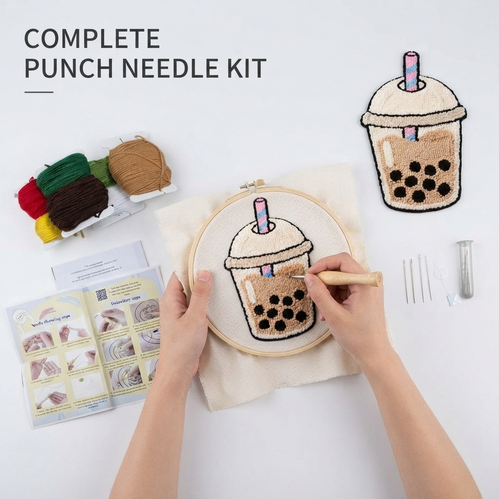 DIY-Punch-Needle-Set „Bubble Tea“ | Punch-Needle-Stickset für Anfänger | Süßes Boba-Milchtee-Design | Alles-inklusive-Set