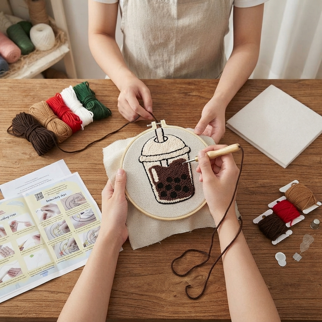 DIY-Punch-Needle-Set „Bubble Tea“ | Punch-Needle-Stickset für Anfänger | Süßes Boba-Milchtee-Design | Alles-inklusive-Set