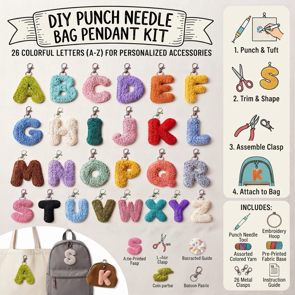DIY-Punch-Needle-Taschenanhänger mit Buchstaben, für Anfänger geeignet