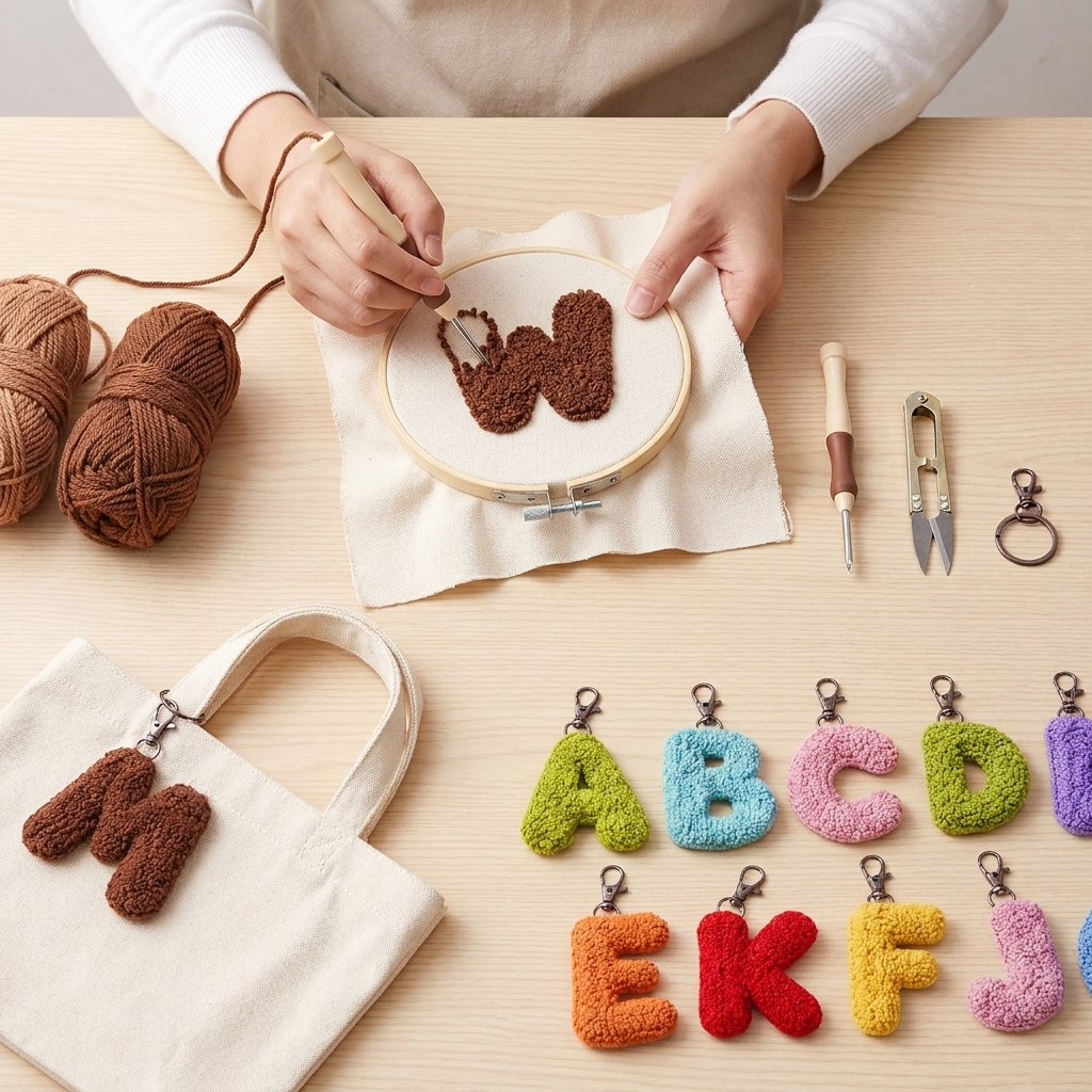 DIY-Punch-Needle-Taschenanhänger mit Buchstaben, für Anfänger geeignet