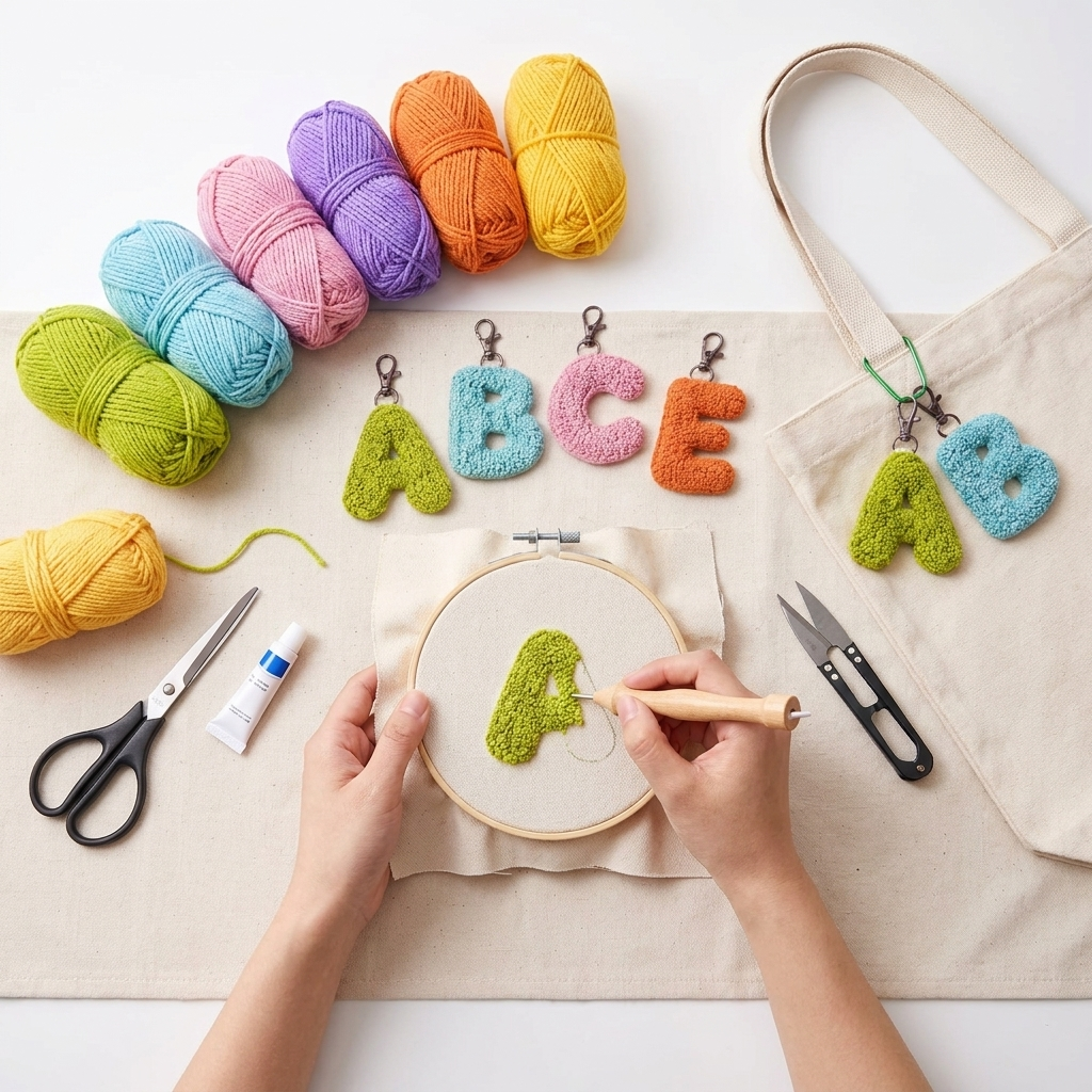 DIY-Punch-Needle-Taschenanhänger mit Buchstaben, für Anfänger geeignet