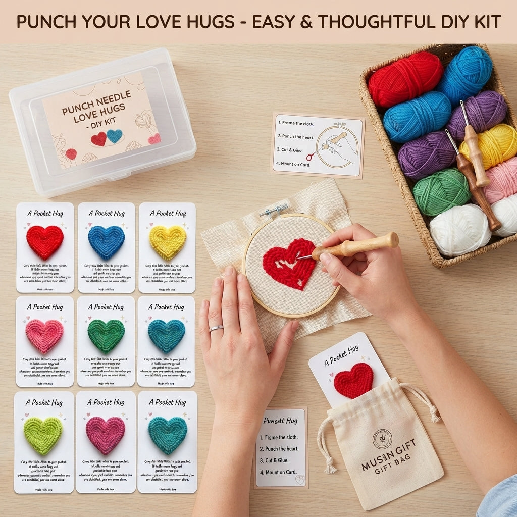 DIY-Set für Punch-Needle-Taschenherzen | Für 12 Herz-Anhänger inklusive Botschaftskarten | Punch-Needle-Bastelset für Anfänger | Alles enthalten