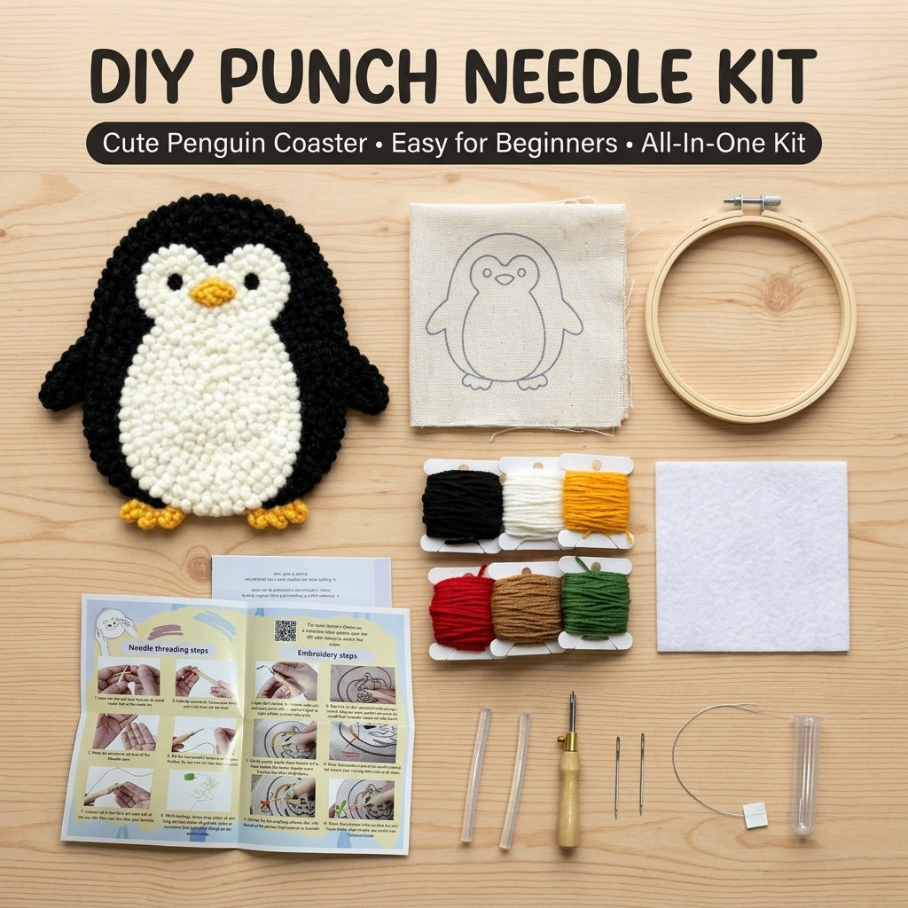 DIY Punch-Needle-Pinguin-Set | Punch-Needle-Stickset für Anfänger | Süßes Baby-Pinguin-Design | Alles-inklusive-Paket