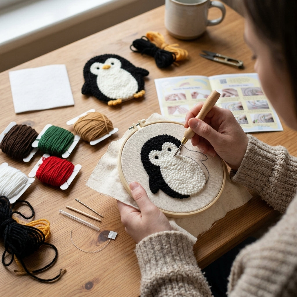 DIY Punch-Needle-Pinguin-Set | Punch-Needle-Stickset für Anfänger | Süßes Baby-Pinguin-Design | Alles-inklusive-Paket