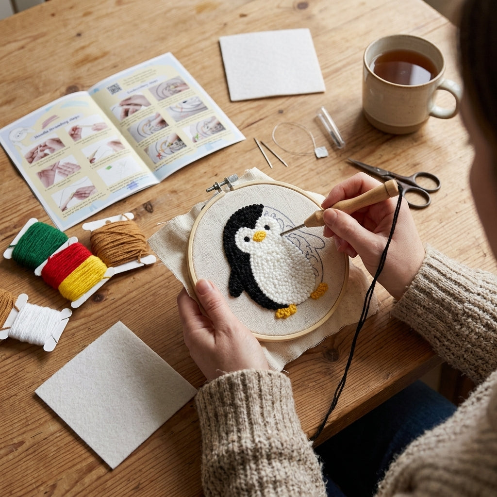 DIY Punch-Needle-Pinguin-Set | Punch-Needle-Stickset für Anfänger | Süßes Baby-Pinguin-Design | Alles-inklusive-Paket
