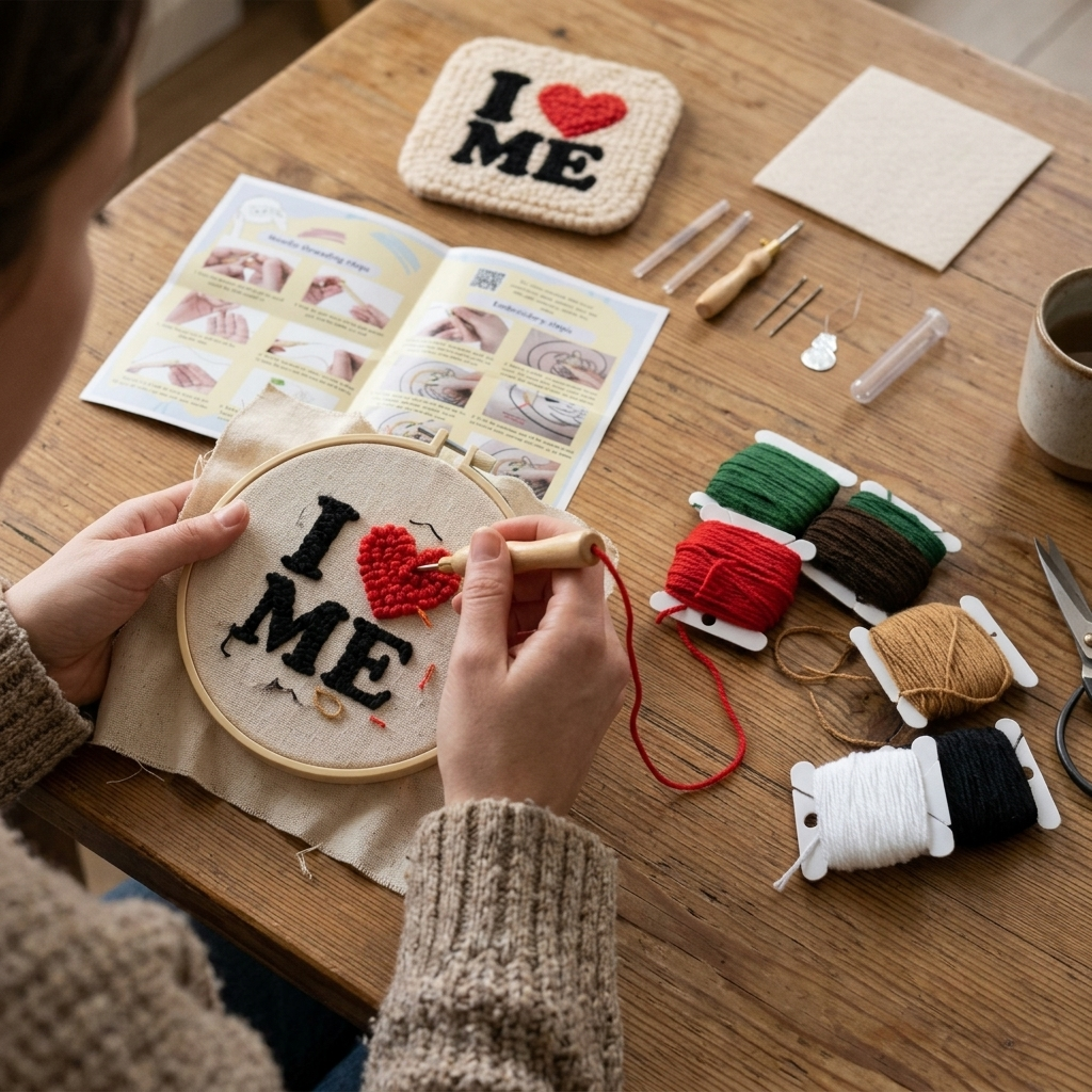 DIY-Punch-Needle-Set „I Love Me“ | Punch-Needle-Stickset für Anfänger | Design mit Affirmation zur Selbstliebe