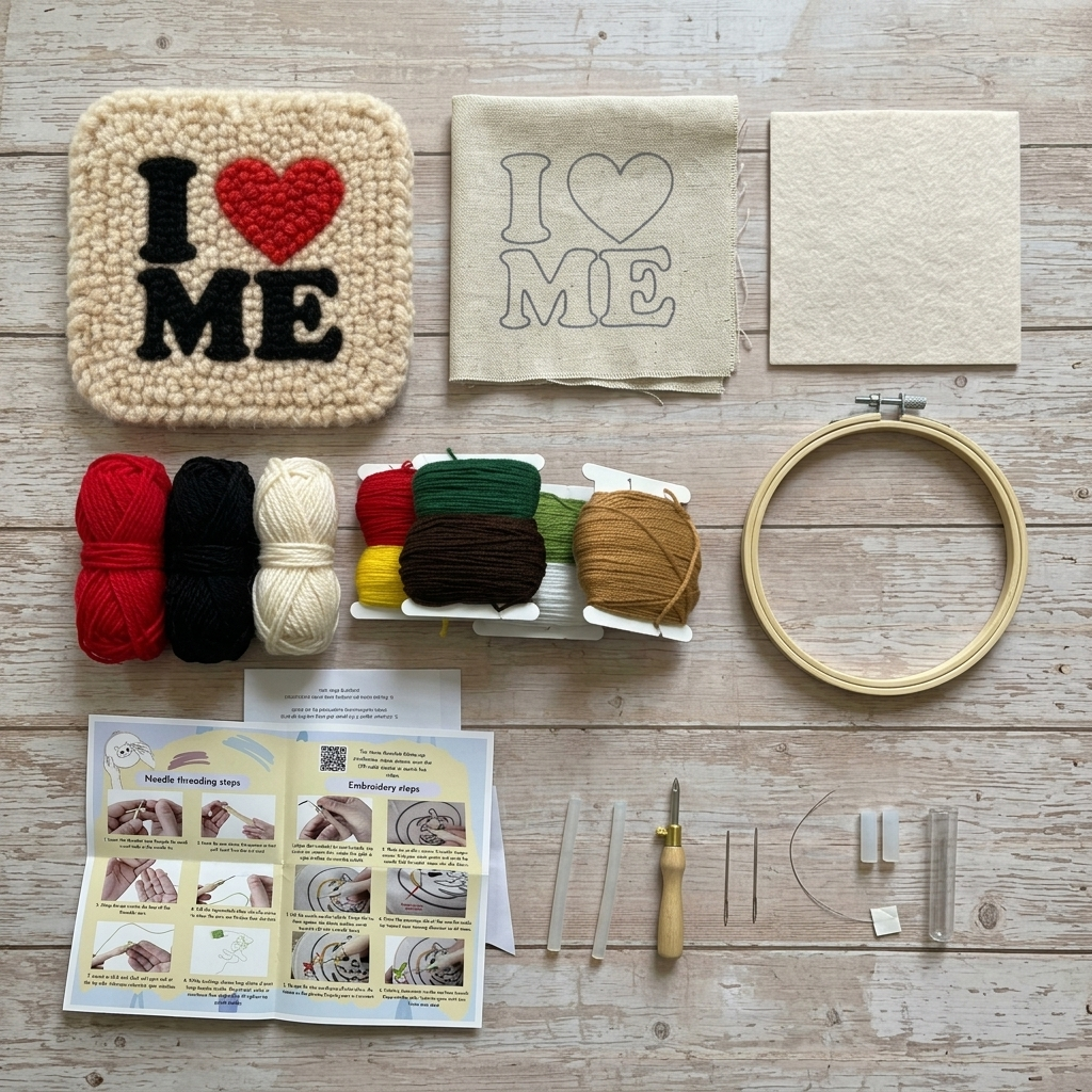 DIY-Punch-Needle-Set „I Love Me“ | Punch-Needle-Stickset für Anfänger | Design mit Affirmation zur Selbstliebe