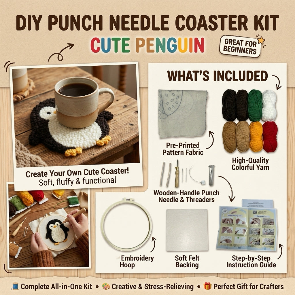 DIY Punch-Needle-Pinguin-Set | Punch-Needle-Stickset für Anfänger | Süßes Baby-Pinguin-Design | Alles-inklusive-Paket