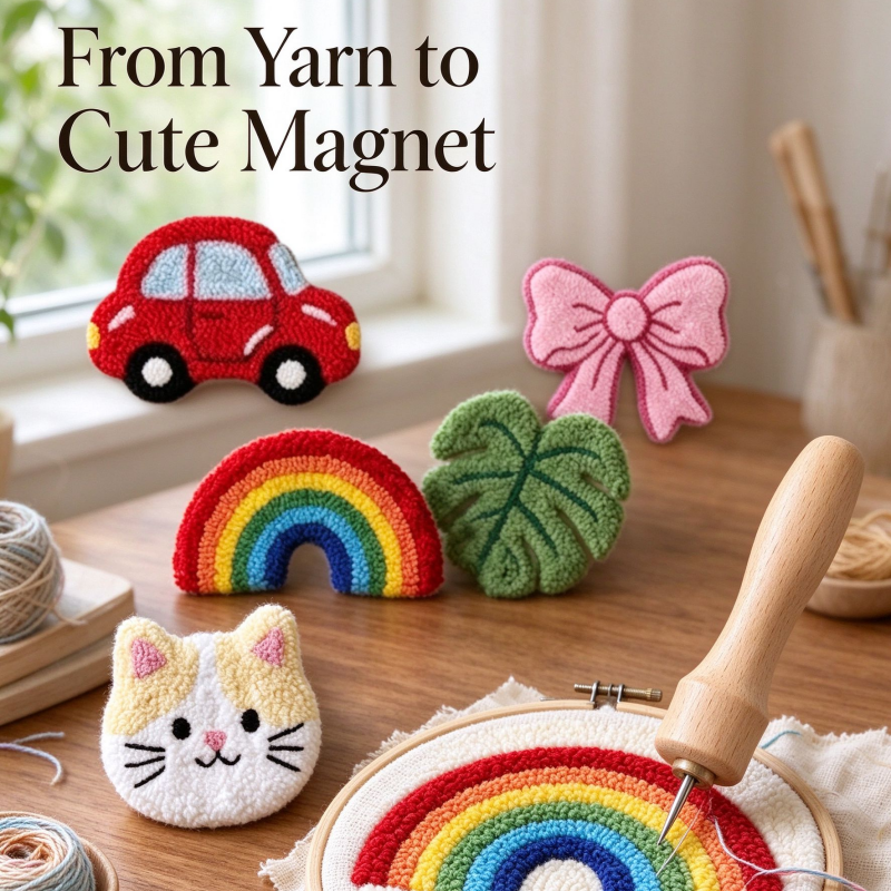 Punch Needle Refrigerator Magnets, Cute Handmade Style Car Bow Rainbow Cat and Monstera Leaf Magnetic Decorations, Colorful Tufted Yarn Fridge Magnets for Kitchen Home Decor, Cute Gifts for Craft Lovers
