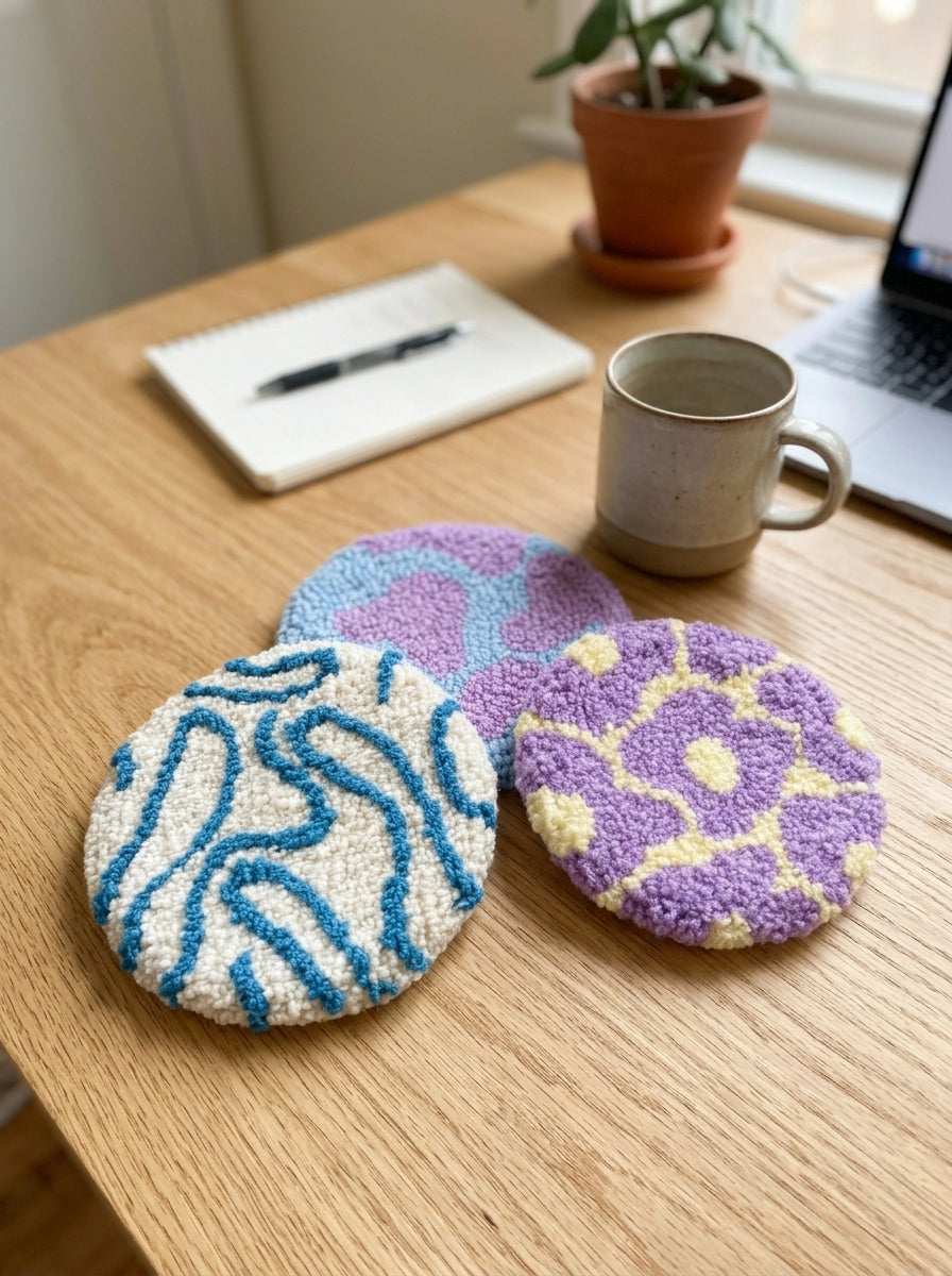Punch Needle Coasters, 3 Styles Textured Tufted Yarn Drink Mats, Cute Handmade Style Round Cup Coasters for Coffee Mugs, Tea Cups, Kitchen Table Decor, Office Accessories and Gifts for Craft Lovers