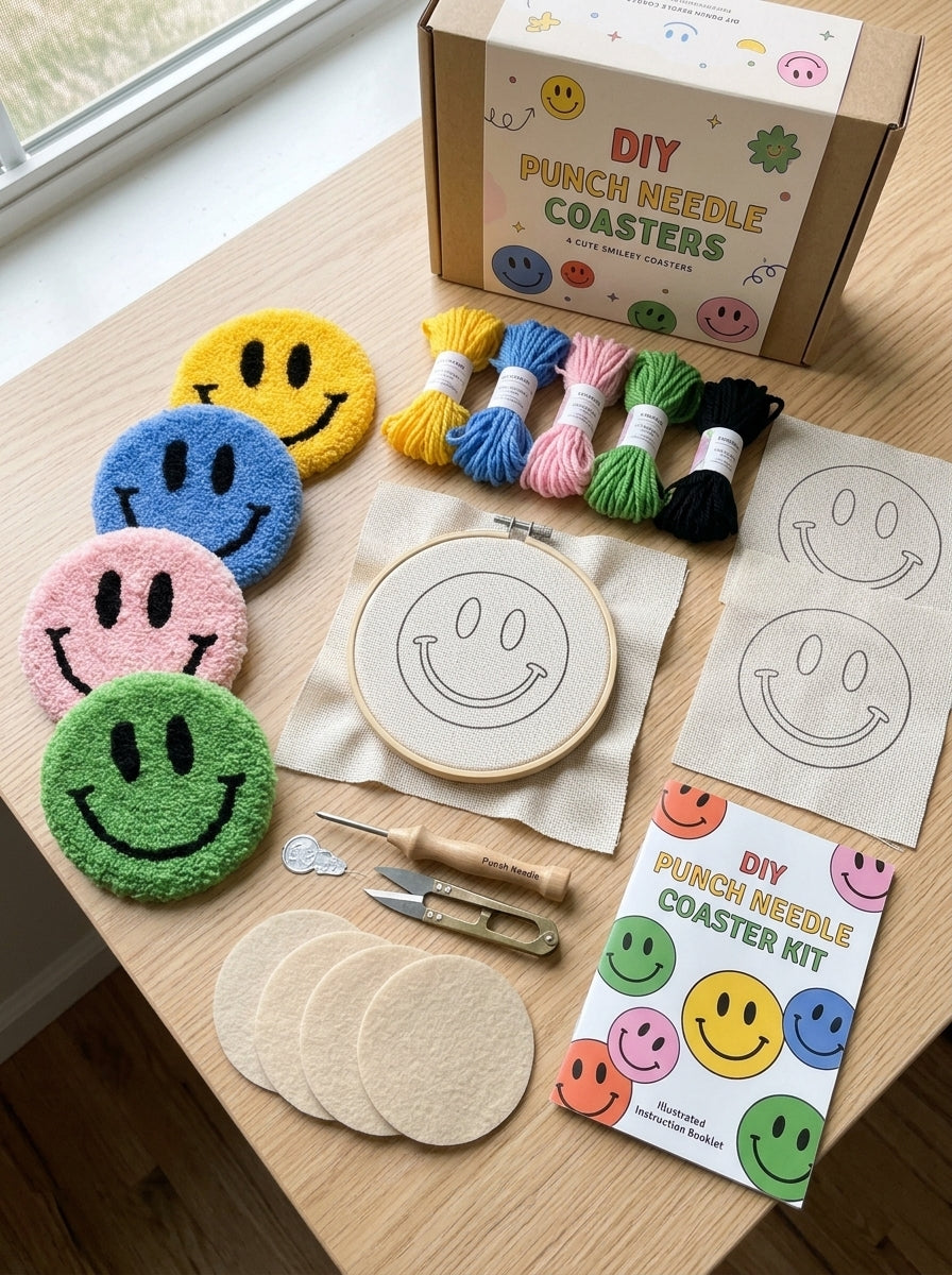 Punch Needle Smiley Face Coaster, 1 Piece Cute Tufted Yarn Drink Mat, Soft Round Happy Face Cup Coaster with Handmade Style Texture, Decorative Mug Coaster for Coffee Cups, Tea Cups, Home and Office Decor, Cute Gift for Craft Lovers