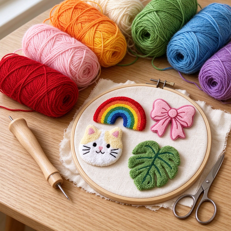 Punch Needle Refrigerator Magnets, Cute Handmade Style Car Bow Rainbow Cat and Monstera Leaf Magnetic Decorations, Colorful Tufted Yarn Fridge Magnets for Kitchen Home Decor, Cute Gifts for Craft Lovers