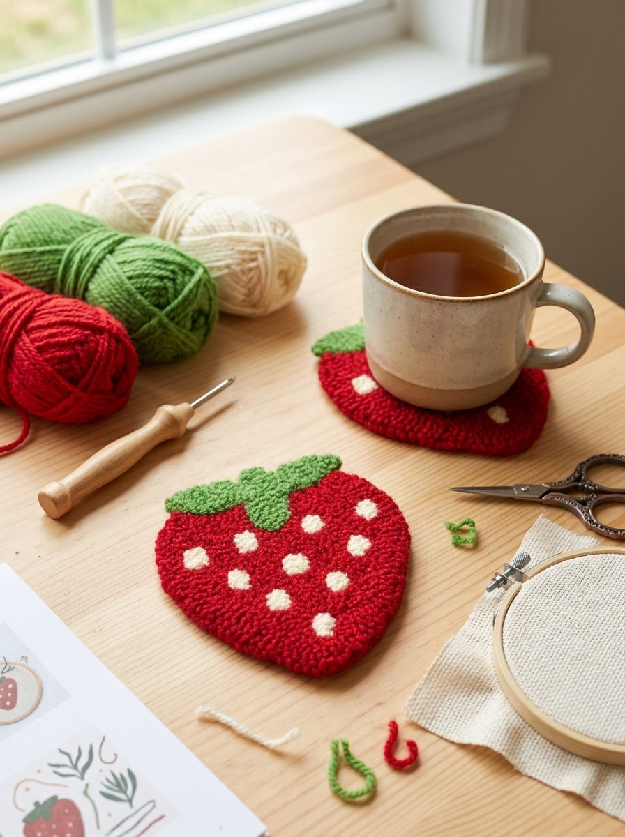 Niedlicher Erdbeer-Punch-Needle-Untersetzer, Kawaii-Frucht-Stickerei-Tassenmatte mit weicher Plüschtextur, handgefertigter Tassenuntersetzer als Couchtisch-Deko, süßes Wohndeko-Geschenk für Frauen, Teenager und Erwachsene