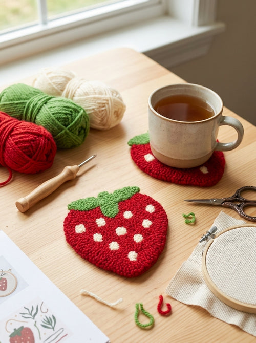 Niedlicher Erdbeer-Punch-Needle-Untersetzer, Kawaii-Frucht-Stickerei-Tassenmatte mit weicher Plüschtextur, handgefertigter Tassenuntersetzer als Couchtisch-Deko, süßes Wohndeko-Geschenk für Frauen, Teenager und Erwachsene