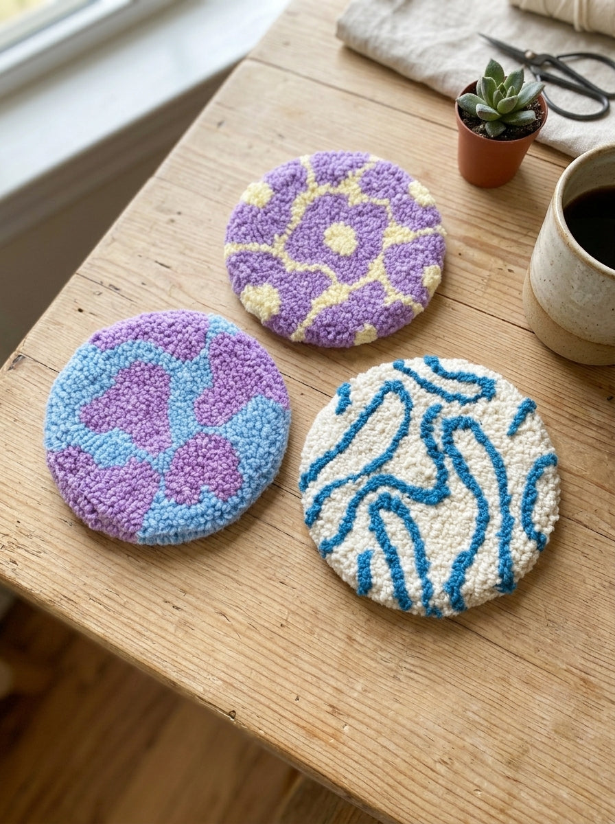 Punch Needle Coasters, 3 Styles Textured Tufted Yarn Drink Mats, Cute Handmade Style Round Cup Coasters for Coffee Mugs, Tea Cups, Kitchen Table Decor, Office Accessories and Gifts for Craft Lovers