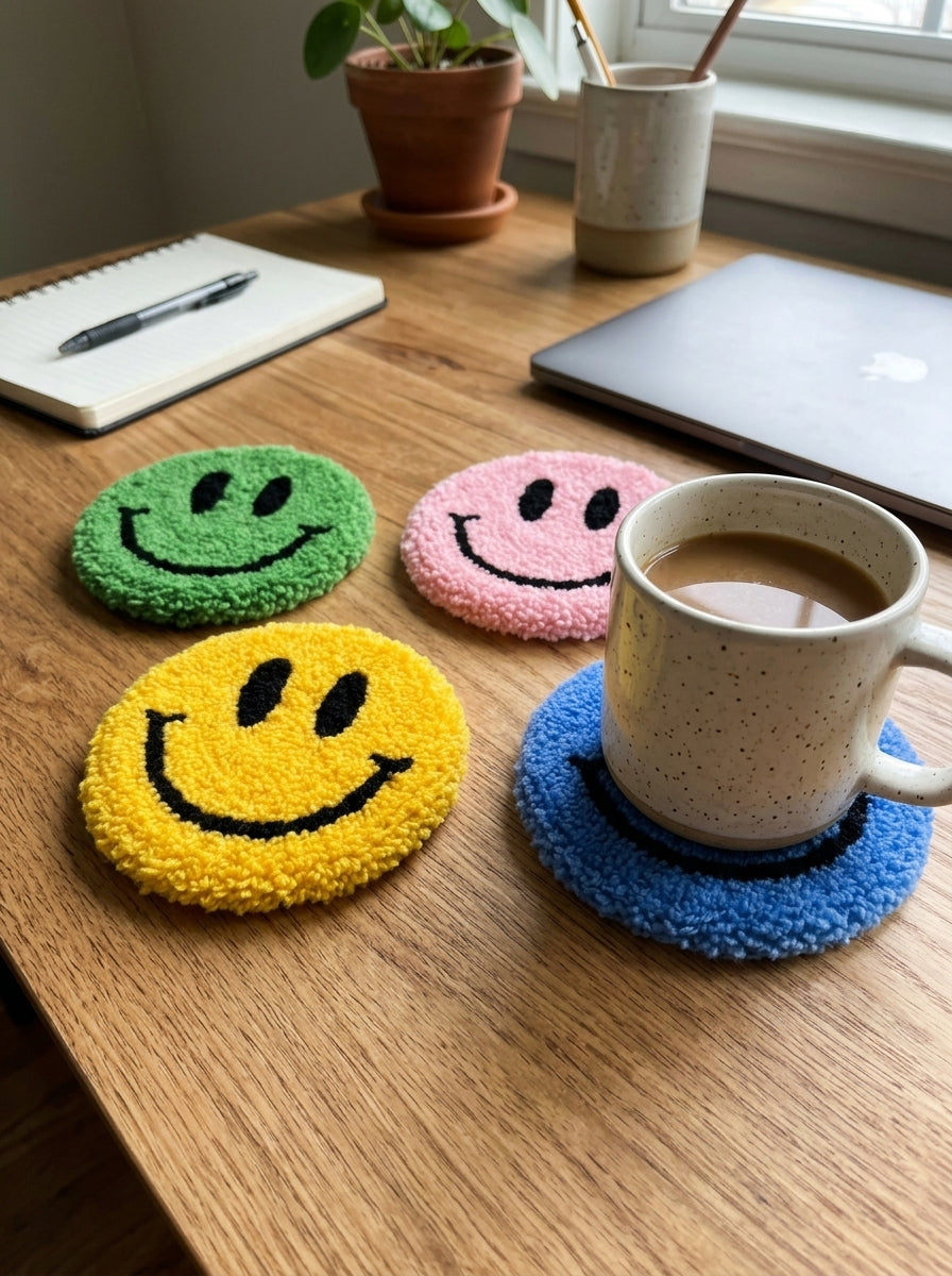 Punch Needle Smiley Face Coaster, 1 Piece Cute Tufted Yarn Drink Mat, Soft Round Happy Face Cup Coaster with Handmade Style Texture, Decorative Mug Coaster for Coffee Cups, Tea Cups, Home and Office Decor, Cute Gift for Craft Lovers