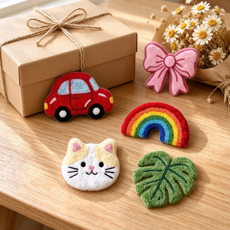 Punch Needle Refrigerator Magnets, Cute Handmade Style Car Bow Rainbow Cat and Monstera Leaf Magnetic Decorations, Colorful Tufted Yarn Fridge Magnets for Kitchen Home Decor, Cute Gifts for Craft Lovers