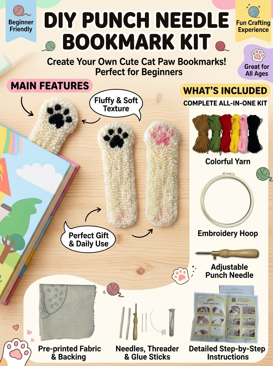 2-teiliges Katzenpfoten-Punch-Needle-Lesezeichen-Set, DIY-Stickset mit buntem Garn, Stickrahmen, bedrucktem Stoff und Punch-Needle-Werkzeugen, Bastelset für Anfänger, Erwachsene und Jugendliche