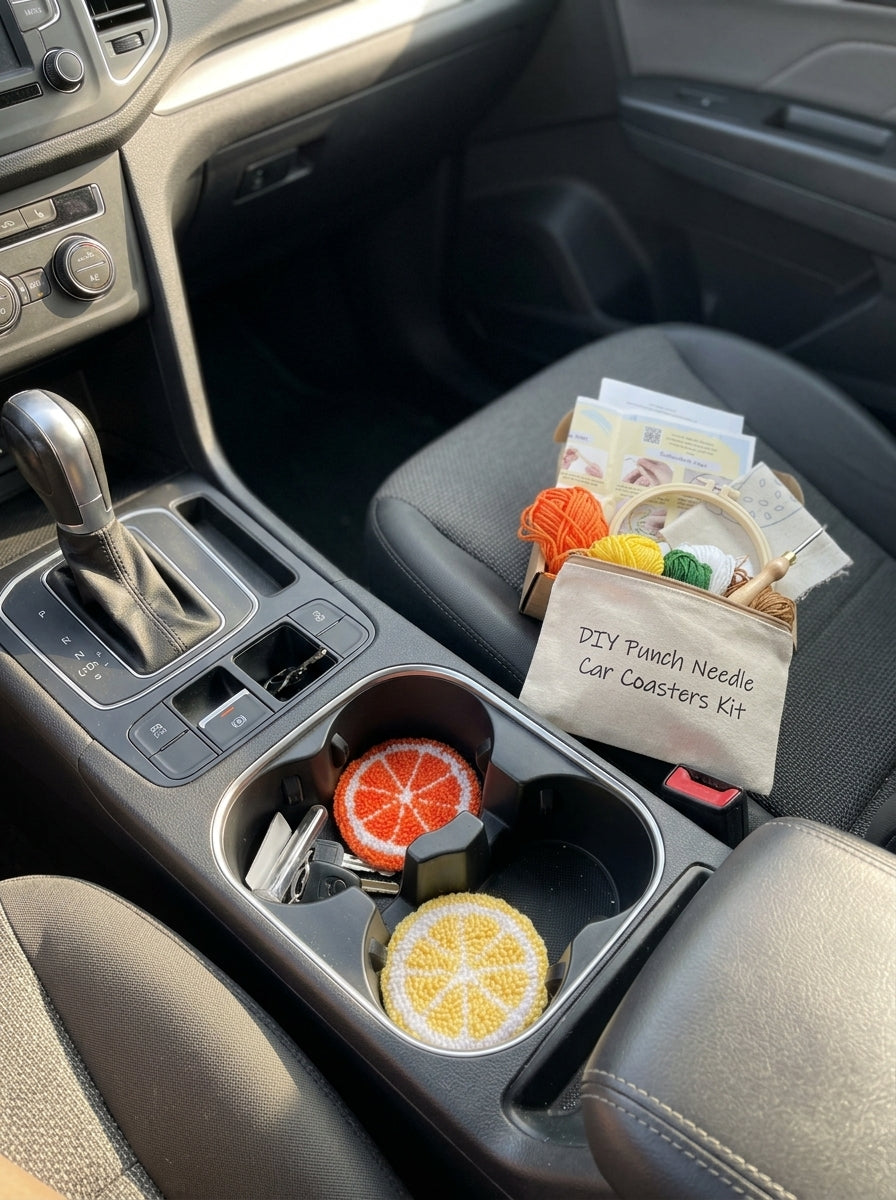 2er-Set DIY-Punch-Needle-Untersetzer für das Auto, süße Obst-Stickerei-Untersetzer für Anfänger, komplettes Bastelset mit Garn, Stickrahmen, Stoff und Werkzeug, handgemachtes Auto-Deko-Geschenk für Jugendliche und Erwachsene