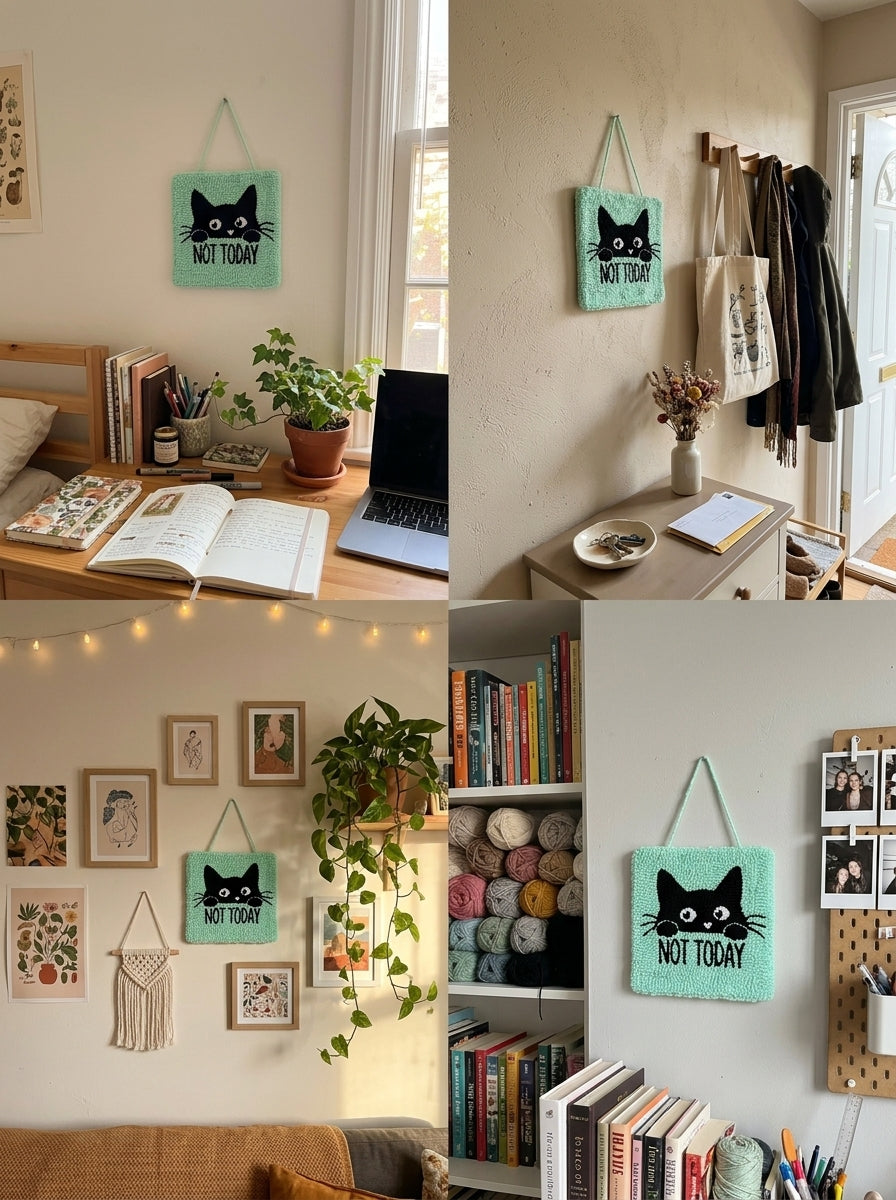 Niedlicher schwarzer Katzen-Punch-Needle-Wandbehang, handgefertigter Stick-Wandteppich mit Kawaii-Katzen-Design, weiche Garn-Faser-Kunst-Deko für Schlafzimmer, Wohnzimmer, Büro und Geschenk für Katzenliebhaber