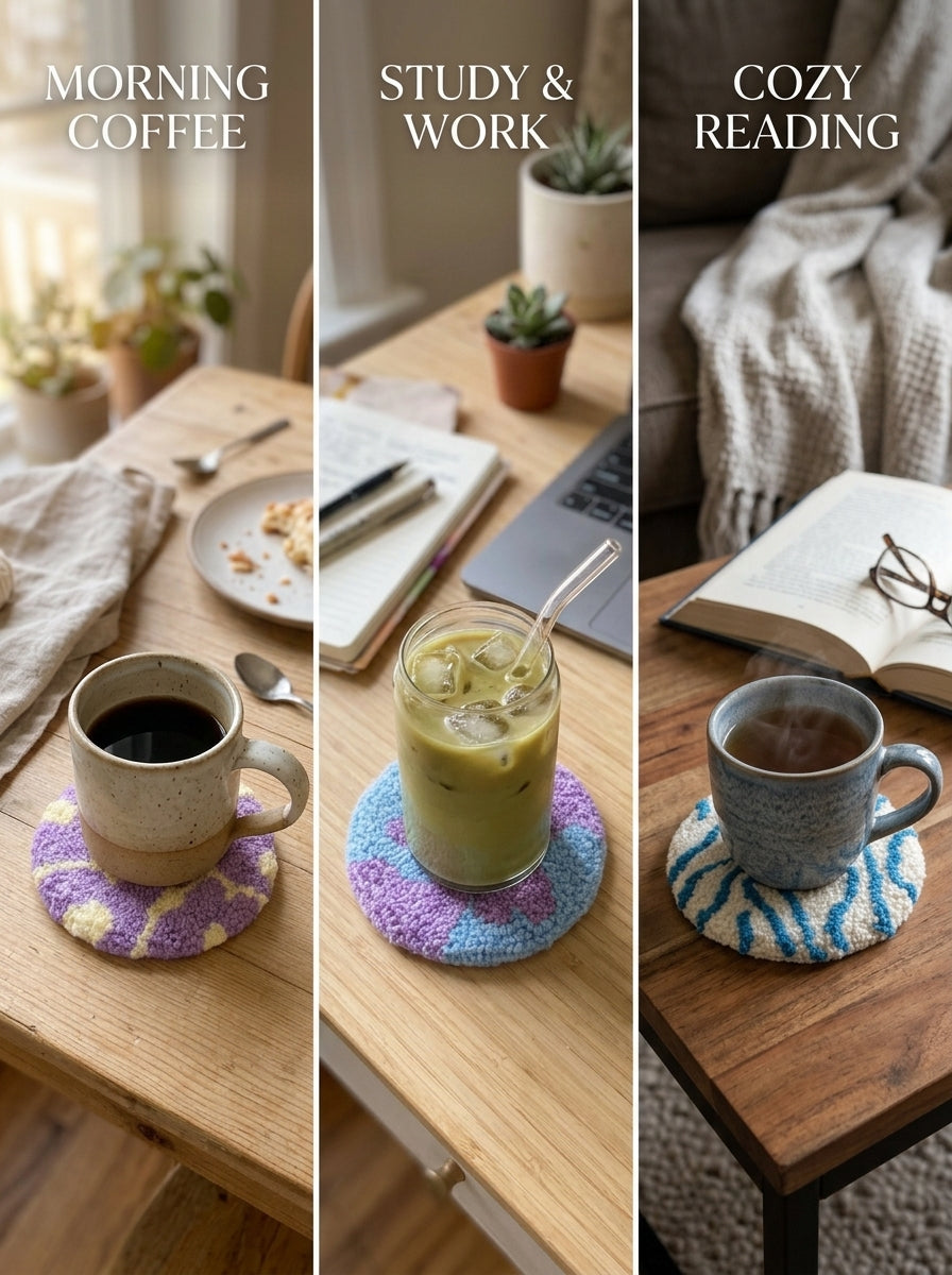 Punch Needle Coasters, 3 Styles Textured Tufted Yarn Drink Mats, Cute Handmade Style Round Cup Coasters for Coffee Mugs, Tea Cups, Kitchen Table Decor, Office Accessories and Gifts for Craft Lovers