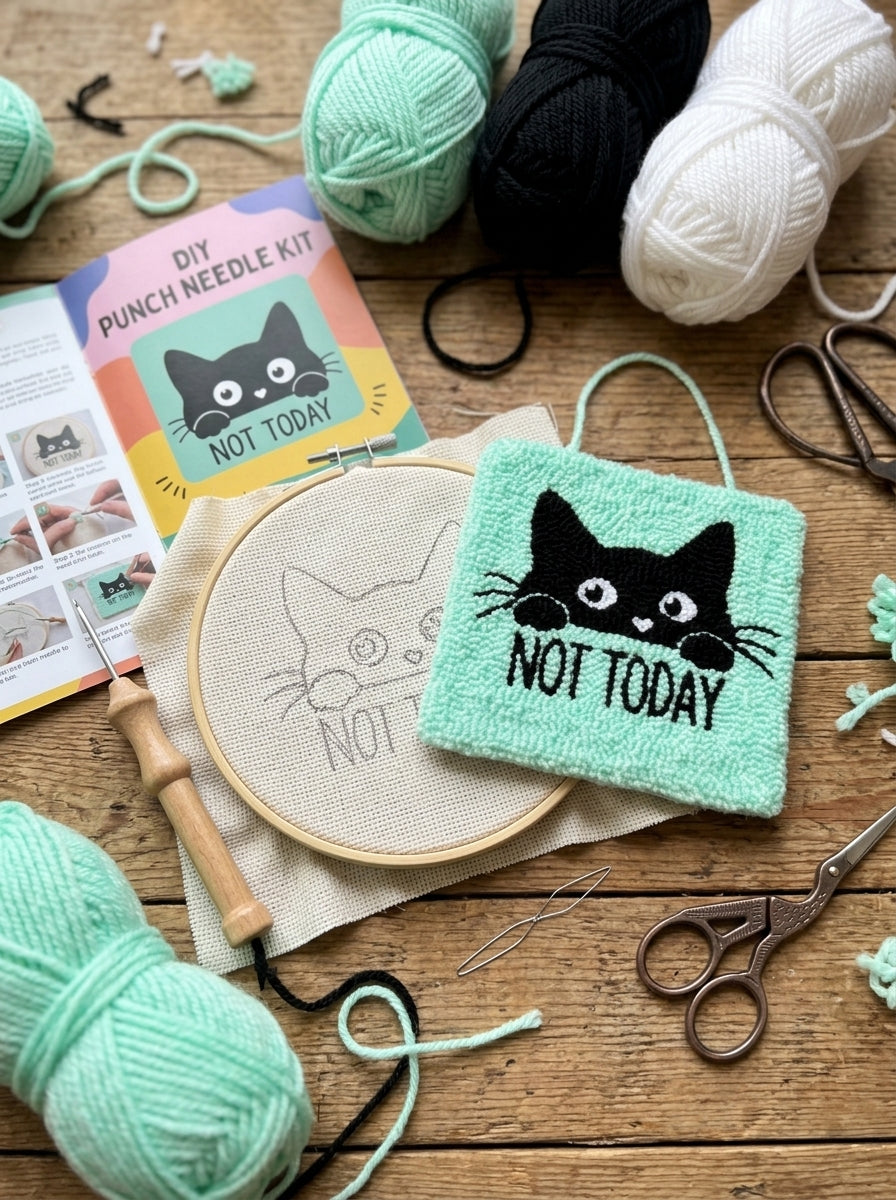 Niedlicher schwarzer Katzen-Punch-Needle-Wandbehang, handgefertigter Stick-Wandteppich mit Kawaii-Katzen-Design, weiche Garn-Faser-Kunst-Deko für Schlafzimmer, Wohnzimmer, Büro und Geschenk für Katzenliebhaber