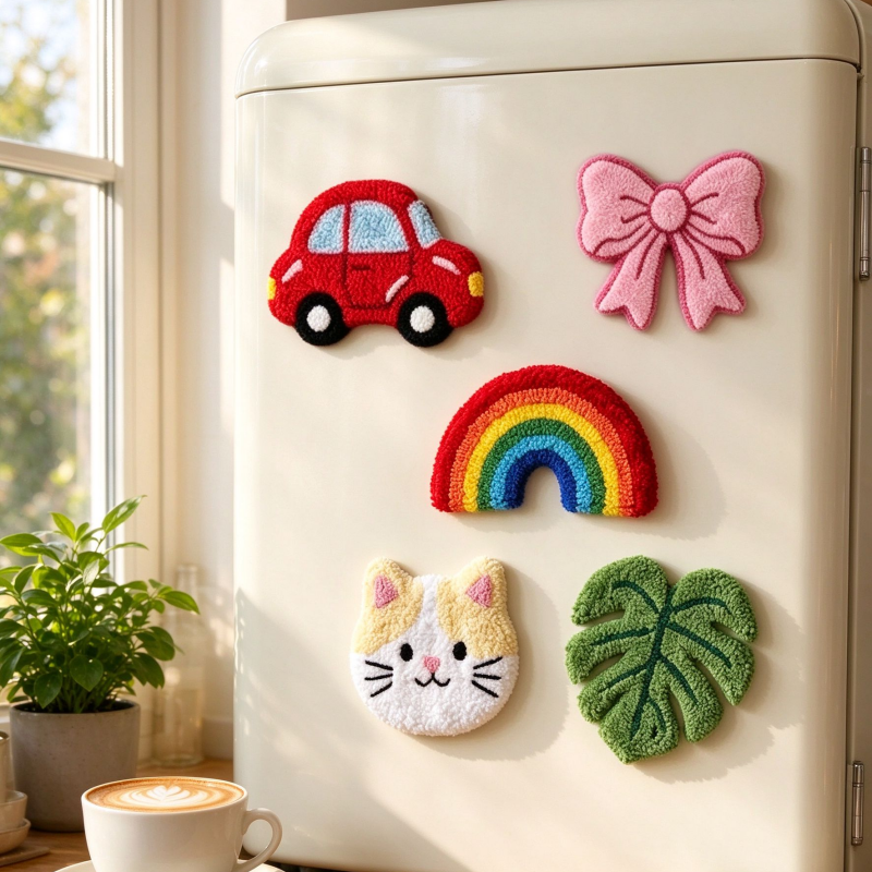 Punch Needle Refrigerator Magnets, Cute Handmade Style Car Bow Rainbow Cat and Monstera Leaf Magnetic Decorations, Colorful Tufted Yarn Fridge Magnets for Kitchen Home Decor, Cute Gifts for Craft Lovers