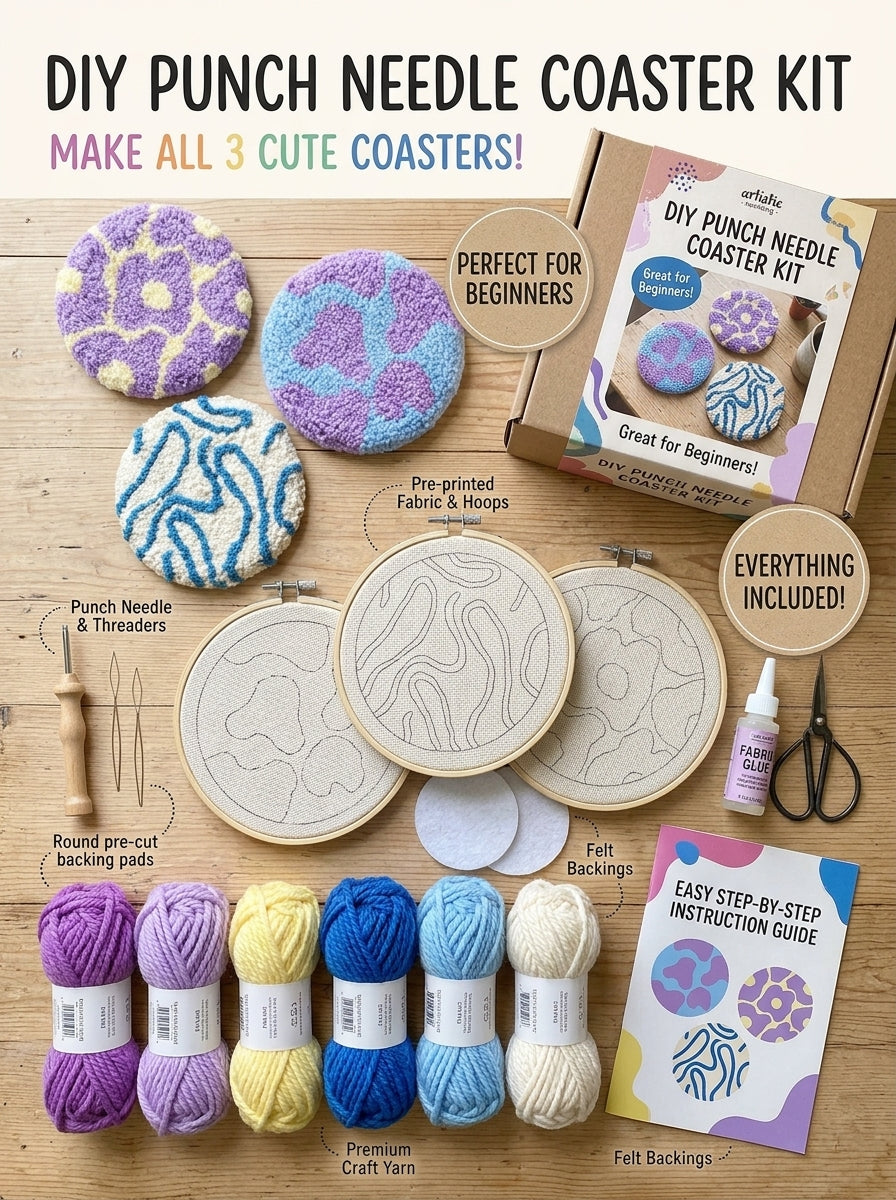 Punch Needle Coasters, 3 Styles Textured Tufted Yarn Drink Mats, Cute Handmade Style Round Cup Coasters for Coffee Mugs, Tea Cups, Kitchen Table Decor, Office Accessories and Gifts for Craft Lovers