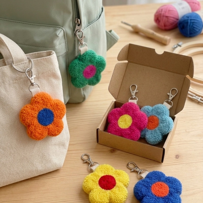 6-piece colorful flower bag pendant, cute poke embroidered flower keychain set, plush flower bag accessories with metal buckle, suitable for ladies, teenagers and girls atmosphere backpack pendant