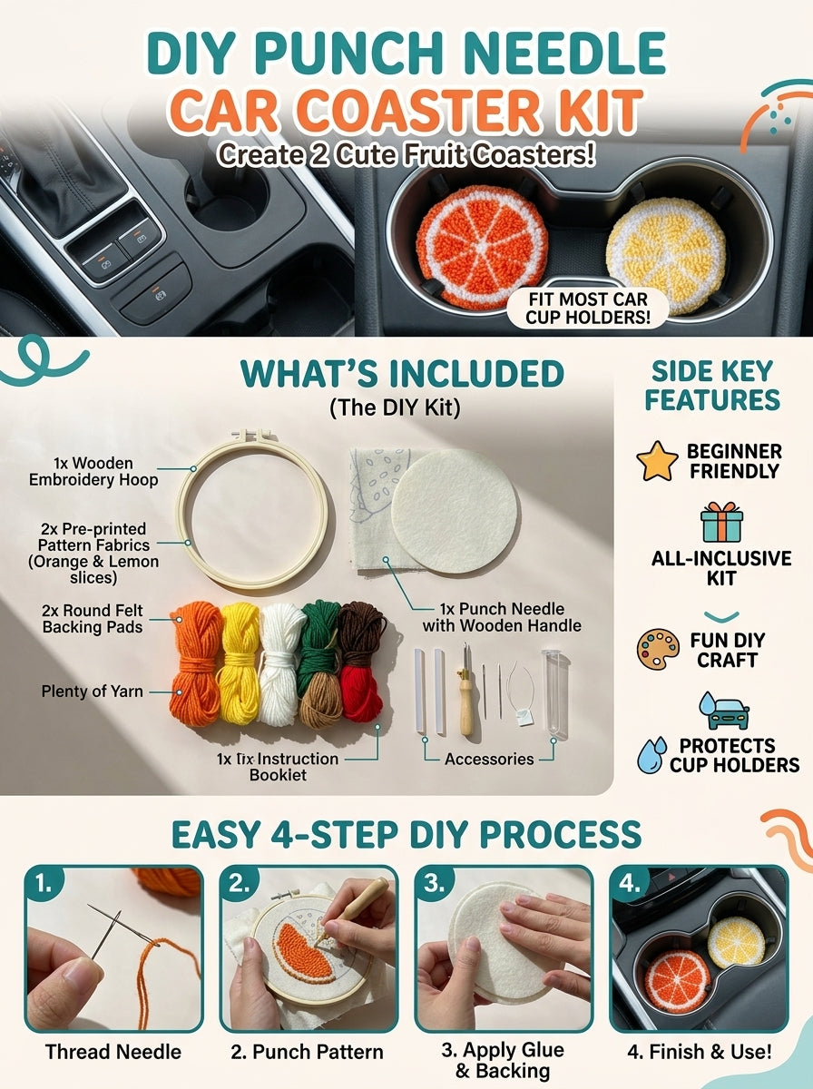 2er-Set DIY-Punch-Needle-Untersetzer für das Auto, süße Obst-Stickerei-Untersetzer für Anfänger, komplettes Bastelset mit Garn, Stickrahmen, Stoff und Werkzeug, handgemachtes Auto-Deko-Geschenk für Jugendliche und Erwachsene