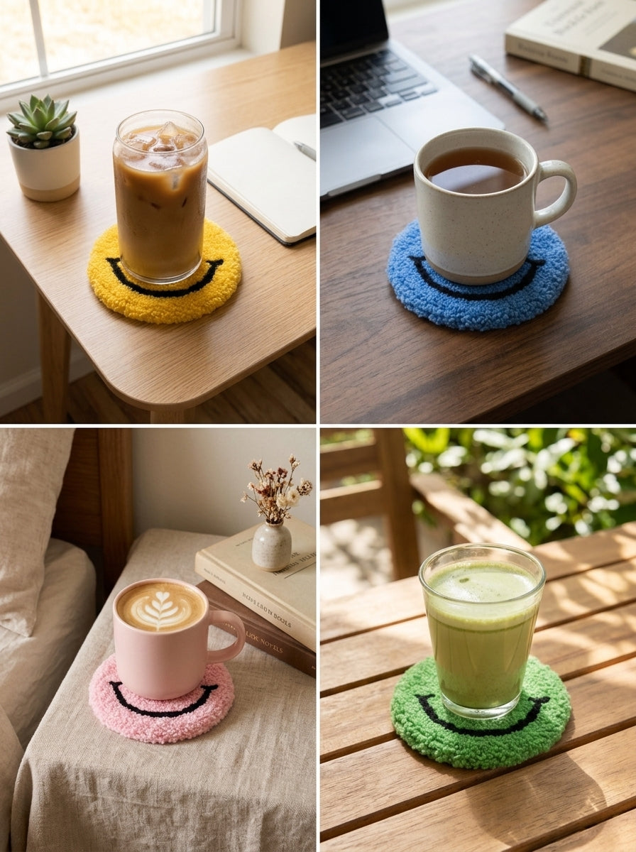 Punch Needle Smiley Face Coaster, 1 Piece Cute Tufted Yarn Drink Mat, Soft Round Happy Face Cup Coaster with Handmade Style Texture, Decorative Mug Coaster for Coffee Cups, Tea Cups, Home and Office Decor, Cute Gift for Craft Lovers