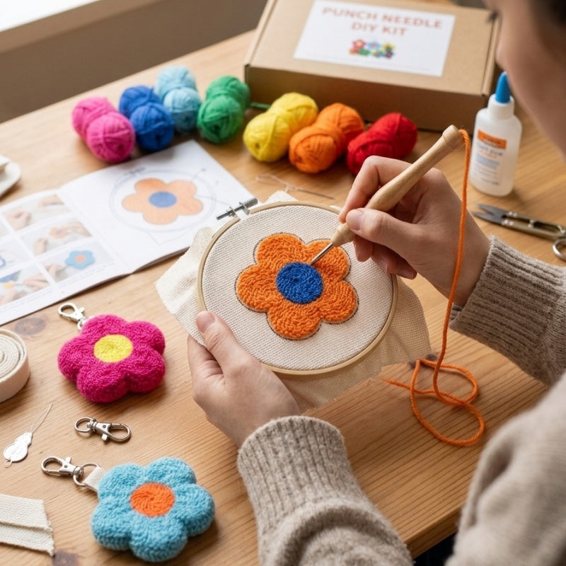 6-piece colorful flower bag pendant, cute poke embroidered flower keychain set, plush flower bag accessories with metal buckle, suitable for ladies, teenagers and girls atmosphere backpack pendant